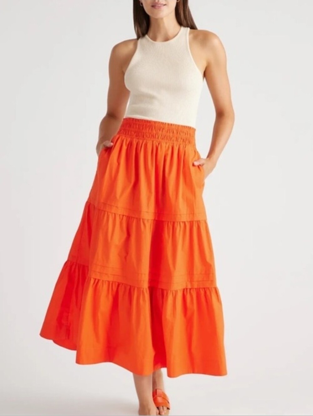Quince 100% Organic Cotton Poplin Tiered Maxi Skirt Orange
